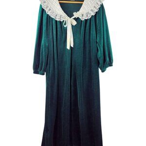 Komar Vtg 90s Housecoat Robe Nightgown M Dark Green Velvet White Collar Lace USA